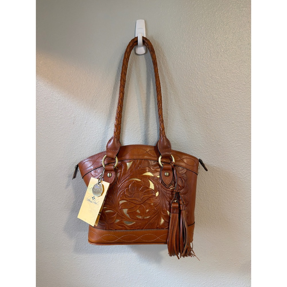 Patricia Nash Leather Shoulder Bag Women Medium Tan‎ Gold Tooled Floral Tassel